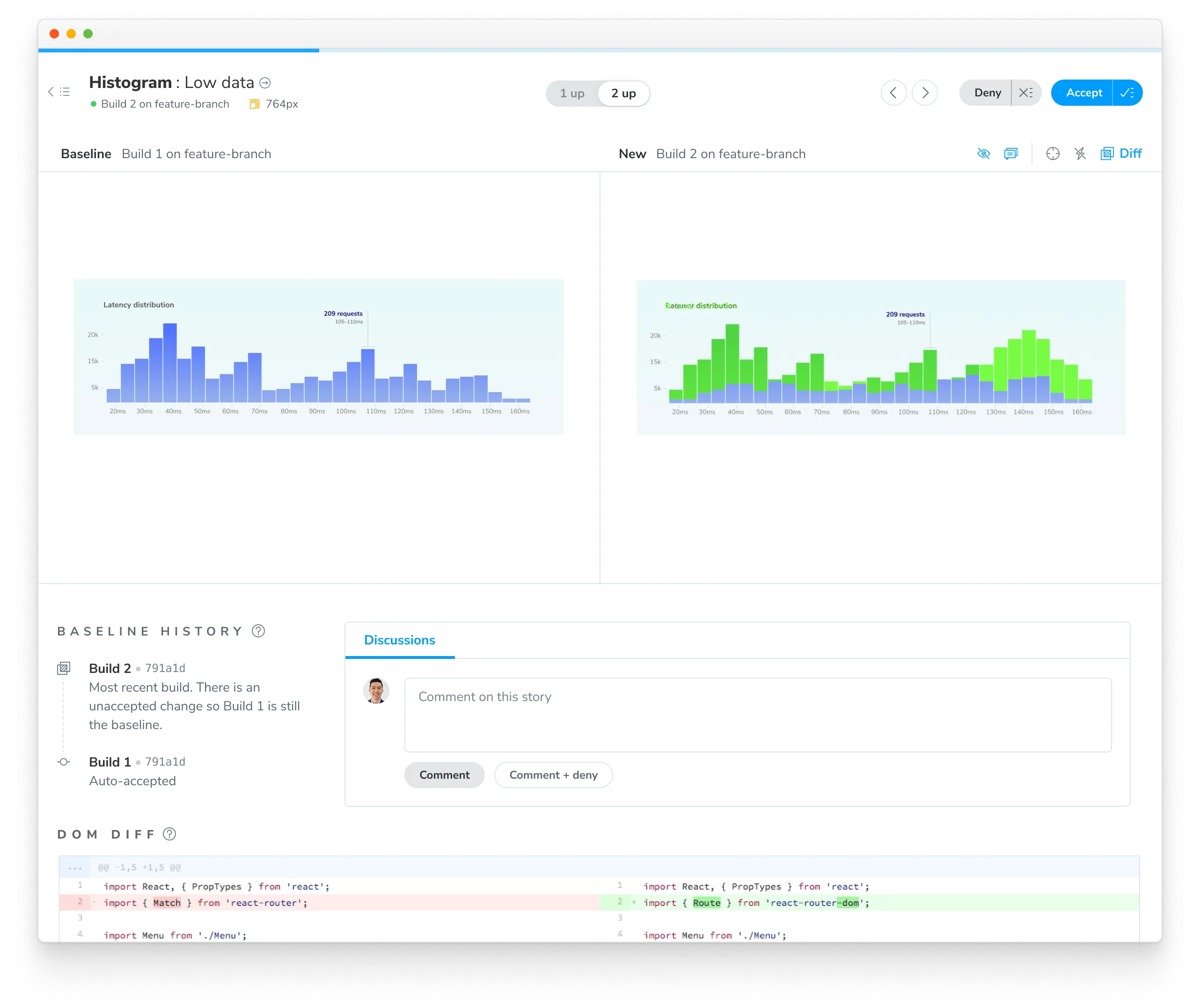 Clicking on a story takes you to the snapshot page where you can compare the new snapshot to the baseline